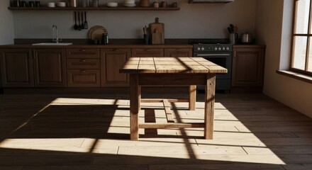 Wooden Table in Sunny Kitchen Interior with Cabinets
