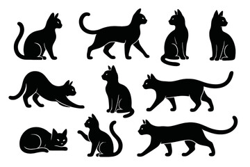 Various silhouette representations of cats in different poses arranged artistically
