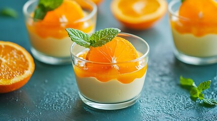 Creamy panna cotta dessert with orange and mint.