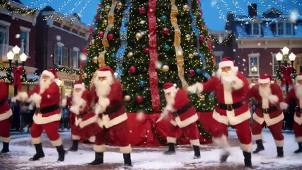 Festive group of santa clauses dancing joyfully in front of a decorated christmas tree on a snowy town square. concept of holiday celebration, christmas spirit, winter festival - Powered by Adobe