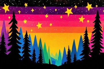 A vibrant forest under a starry sky at night, where the trees are silhouetted against the colorful backdrop of the cosmos