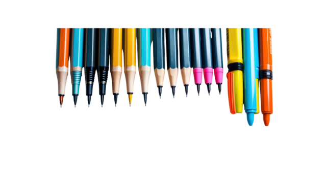 Colorful Pencils, Pens, and Markers Arranged in a Row Against a Transparent Background