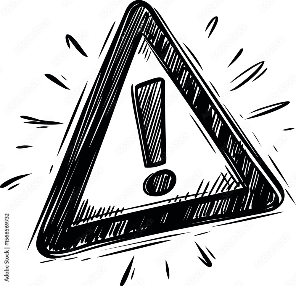 Poster Black and white sketch of a caution triangle with exclamation mark