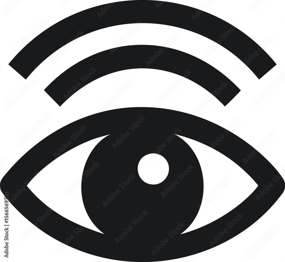 Poster eye icon with wireless signal lines in black and white vector graphic