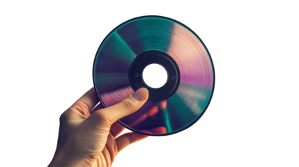 A nostalgic hand holding a shimmering iridescent CD reflecting memories of treasured playlists on transparent background