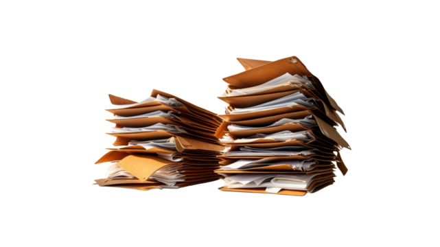 Overwhelmed Two Stacks of Files and Documents Representing Business Pressure and Paperwork Overload