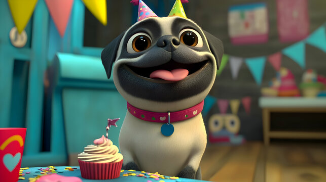 Pug with Party Hat at Birthday Table - Powered by Adobe