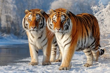 Two majestic tigers stand side by side in a snowy landscape, their striking orange and black fur contrasting beautifully with the white surroundings