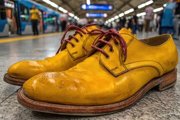 Amidst the hustle of daily life, a pair of vibrant yellow shoes stands out, symbolizing the unique journeys and stories that each individual carries