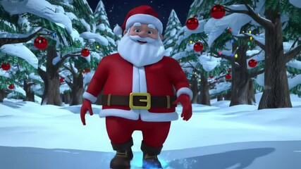 Jolly santa claus walking through snowy christmas forest at night. concept of festive holiday cheer, winter wonderland, magical nighttime scene Animation - Powered by Adobe