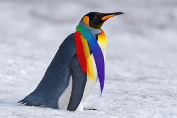 Fototapeta premium A penguin adorned with a colorful scarf stands out against the pristine snow, embodying the spirit of resilience and joy in the face of harsh conditions