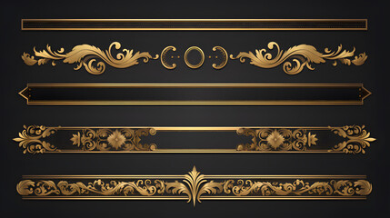 Fototapeta premium Set of ornate gold decorative borders on black vintage