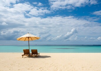 Tropical Beach with Lounge Chairs and Umbrella on White Sand with Clear Blue Sea
