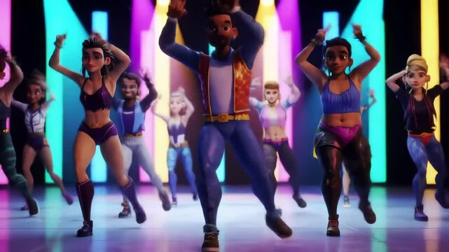 Vibrant animated dance party with diverse characters on a colorful stage. concept of lively group performance, diverse dancers, energetic celebration.