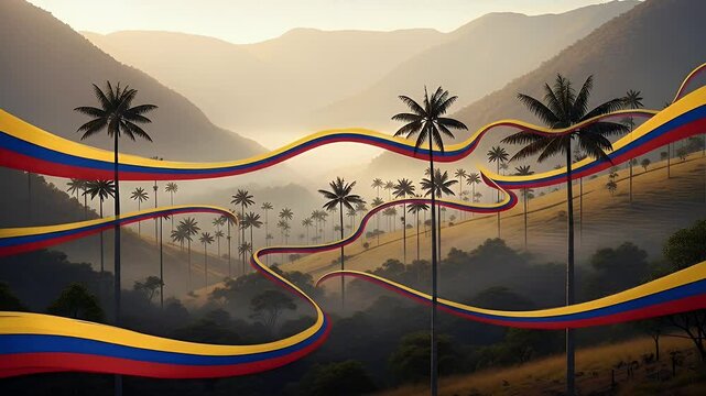 Cocora Valley, Colombia: Scenic Landscape with Wax Palm Trees and National Flag Colors for Video Footage