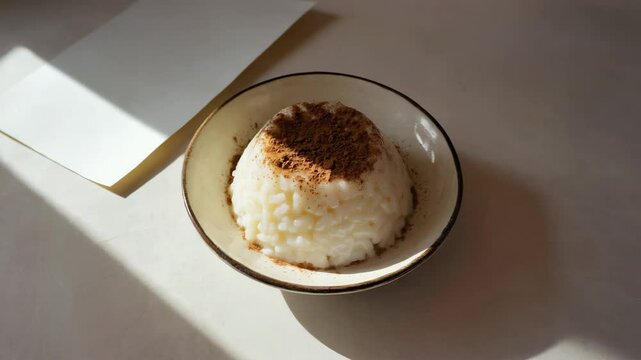Brazilian rice pudding, Arroz doce, Creamy dessert with cinnamon sprinkled on top, whites and browns,  soft lighting, Sweet and comforting
