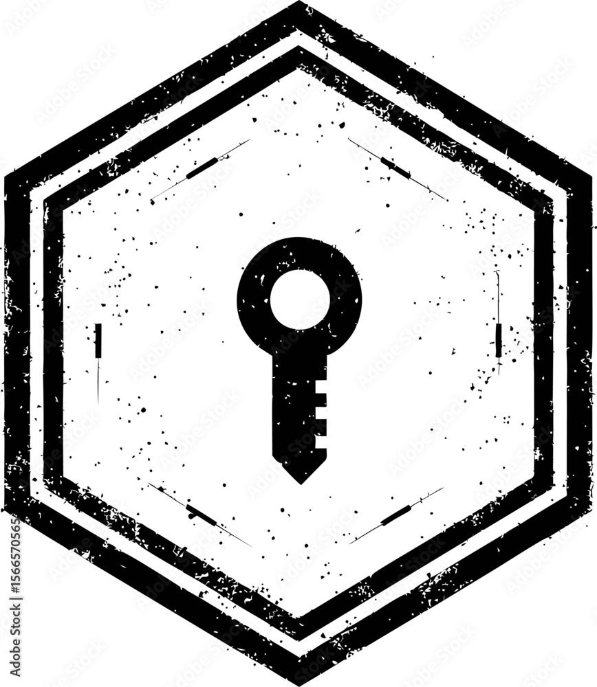 Poster distressed black key silhouette inside a hexagonal border