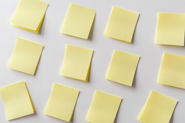 A bunch of yellow sticky notes are lined up on a white background. The notes are all different sizes and shapes, but they all have the same color.