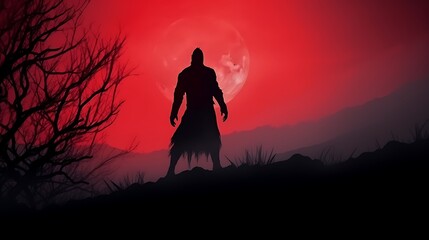 Fototapeta premium A werewolf howling on a hilltop silhouetted by a full red moon, fog swirling below, haunting red-black gradient sky, realistic cinematic look, full frame