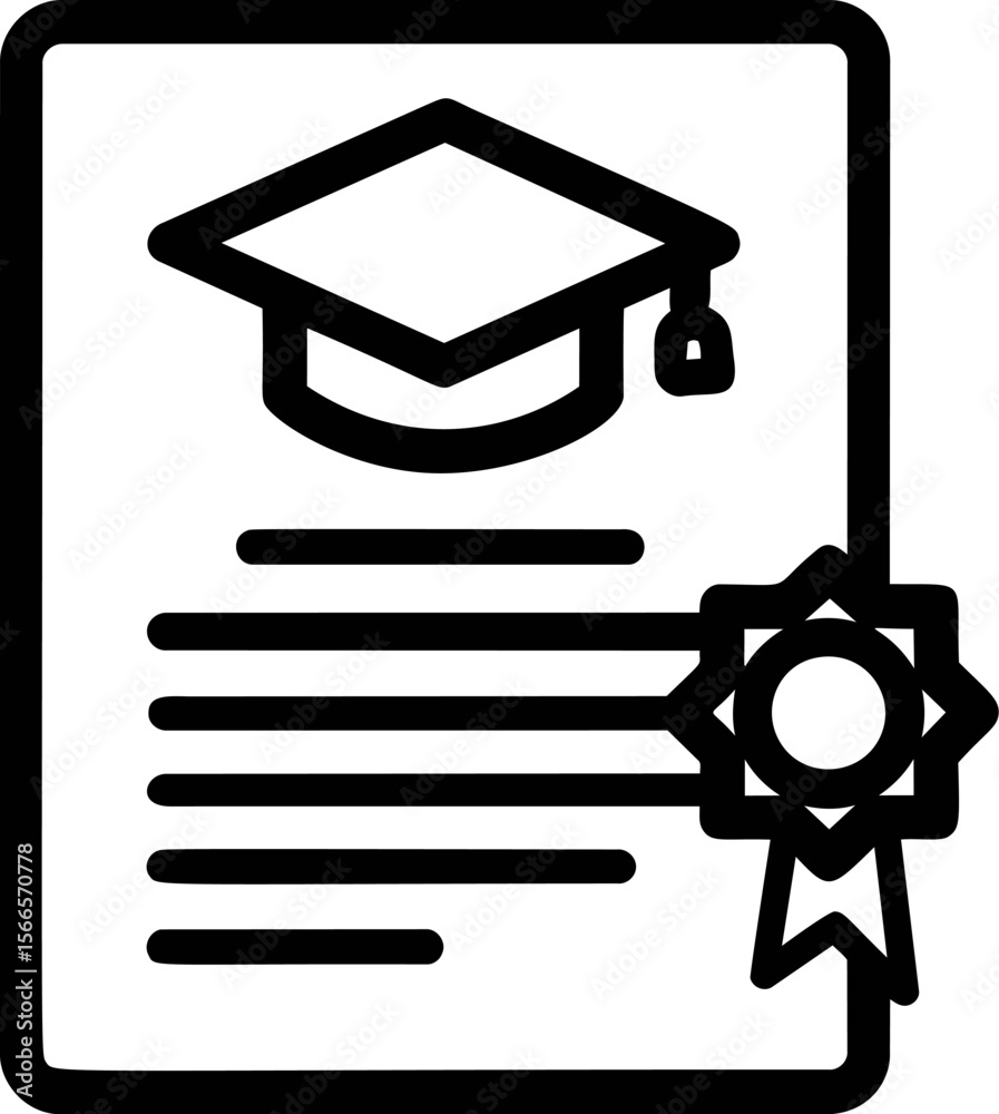 Poster Diploma icon with graduation cap and certificate with seal in black and white