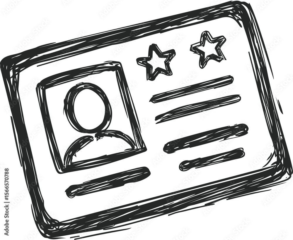 Poster sketch illustration of a generic id card with stars and lines in black and white