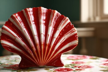 A vibrant red and white striped seashell rests on a floral tablecloth, capturing the essence of nature's beauty in an elegant setting
