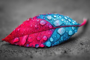 A Symphony of Red and Blue Water Droplets on a Leaf