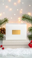 White rectangular box with gold label surrounded by festive decorations image