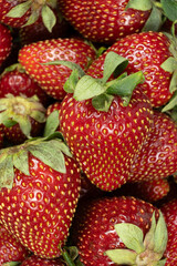 Many fresh strawberries top view. Organic berry texture background.