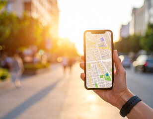 a person's hand holding a cell phone with a map screen