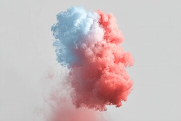 A vibrant explosion of red and blue smoke against a neutral gray background