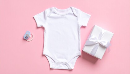 Mockaup Body de beb&eacute; con regalo y chupete sobre fondo rosa