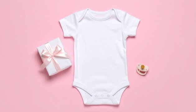 Mockaup Body de beb&eacute; con regalo y chupete sobre fondo rosa