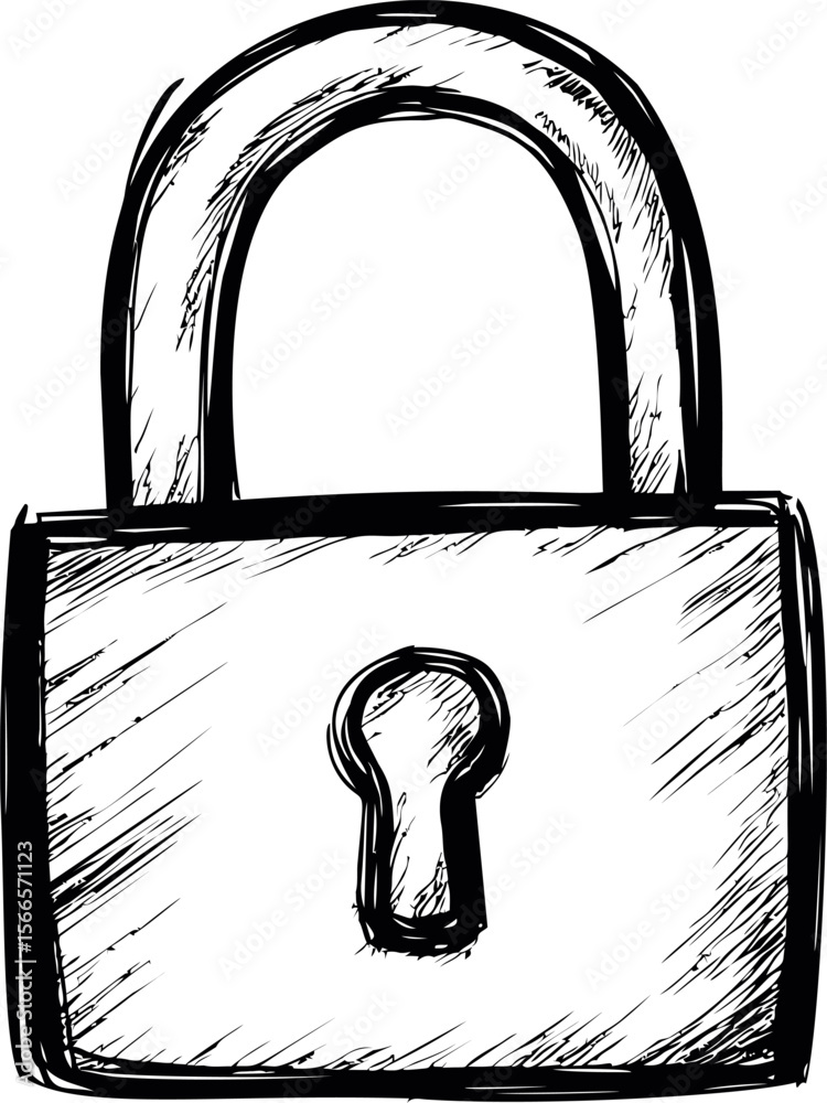 Poster black and white sketch of a padlock with detailed artistic shading
