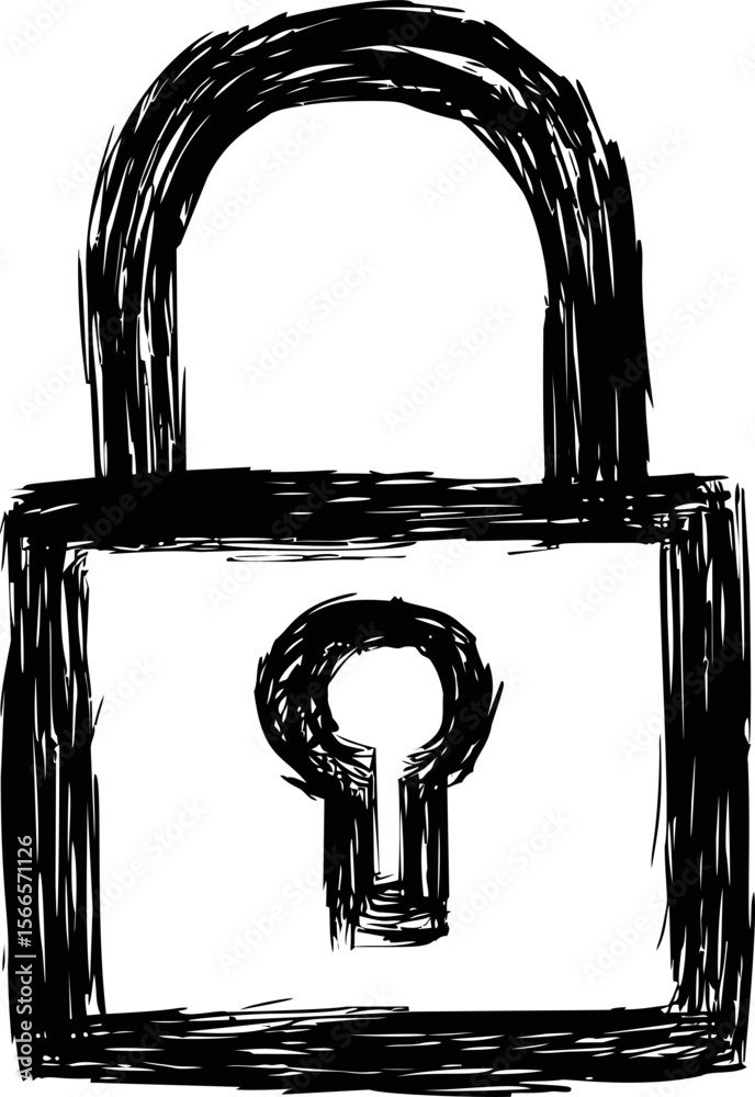 Poster black sketch of a padlock with keyhole, security concept