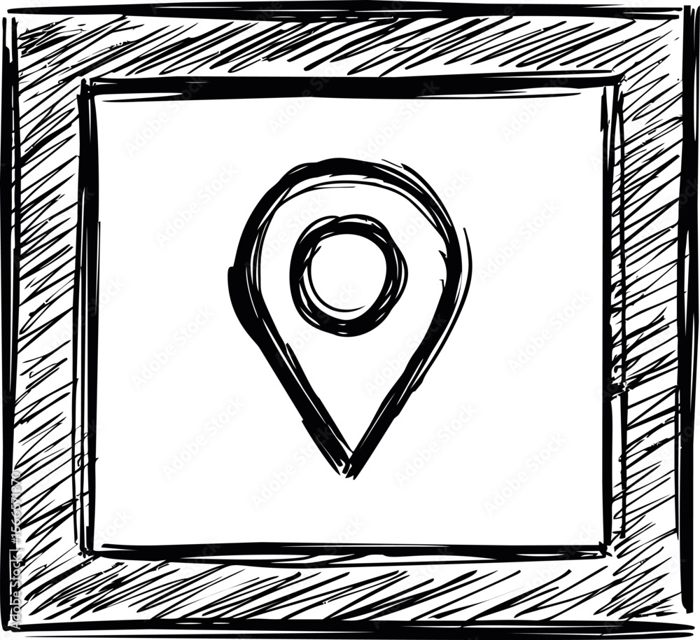 Poster Sketched black and white map pin icon in a square with a scribbled border