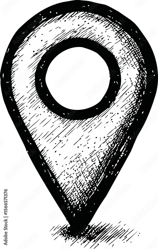 Poster black and white sketch of a location pin with detailed texture