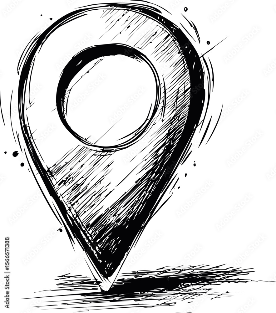 Poster abstract black and white sketch of a map pin with artistic strokes