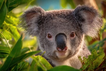 Naklejka premium Peeking through the verdant canopy, a young koala gazes with curiosity and wonder