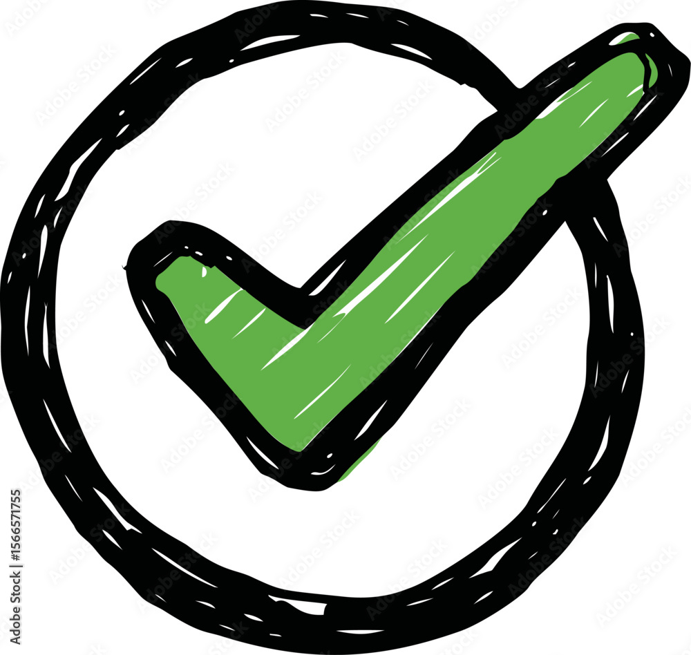 Poster Green checkmark inside a black circle with sketchy outline, symbol of validation