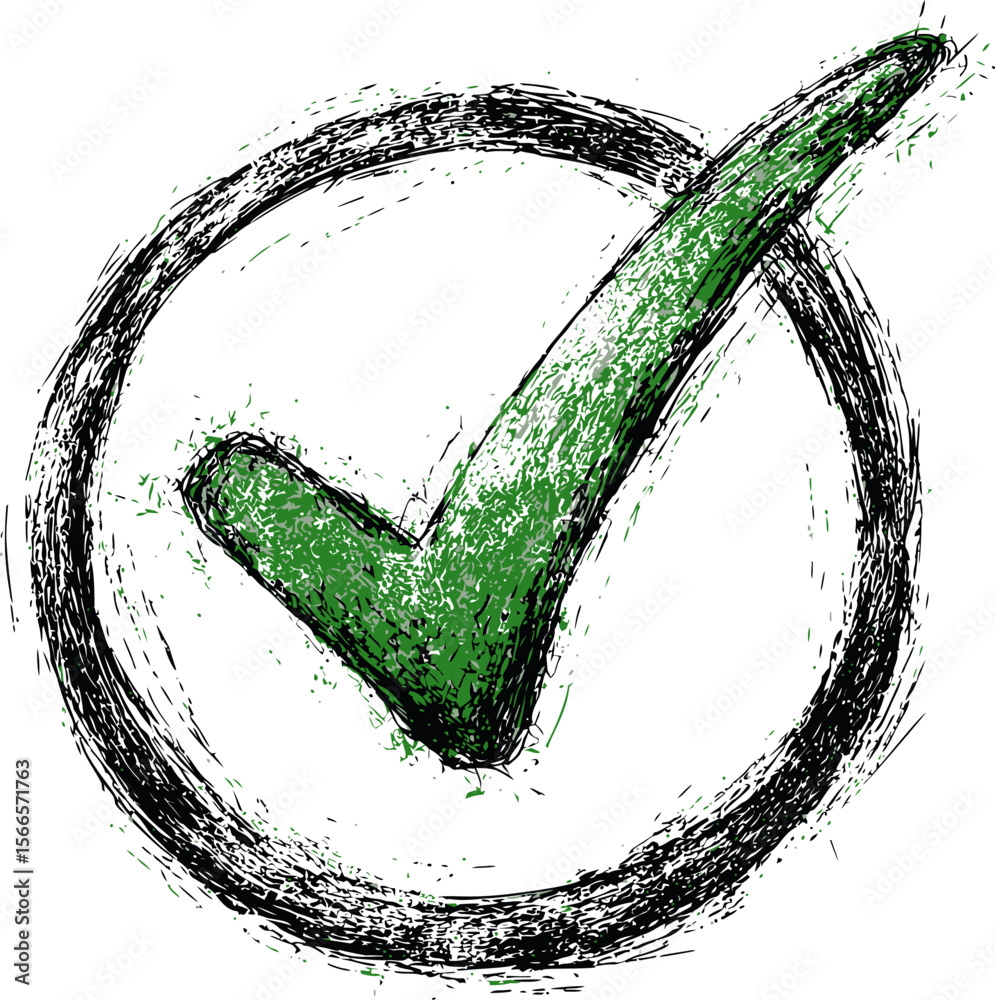 Poster scribbled green check mark in a circle, digital sketch art