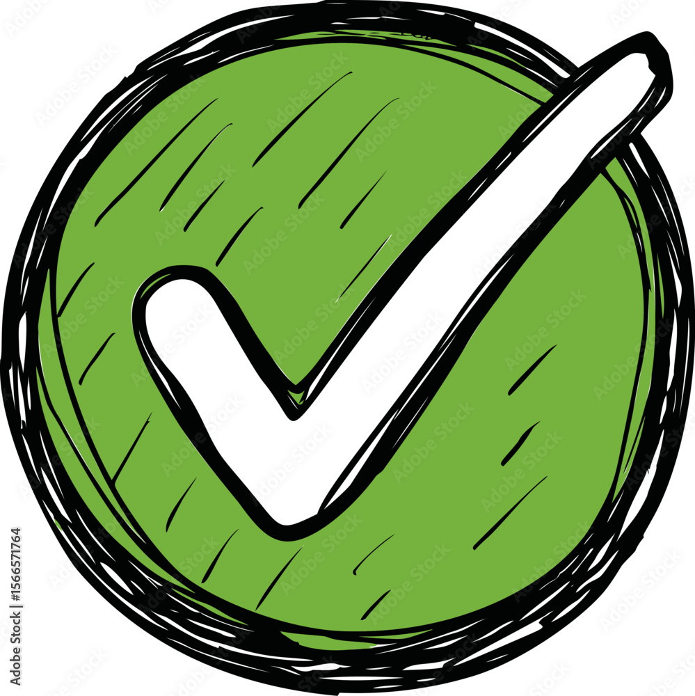 Poster Green check mark in sketched style with a thick black outline
