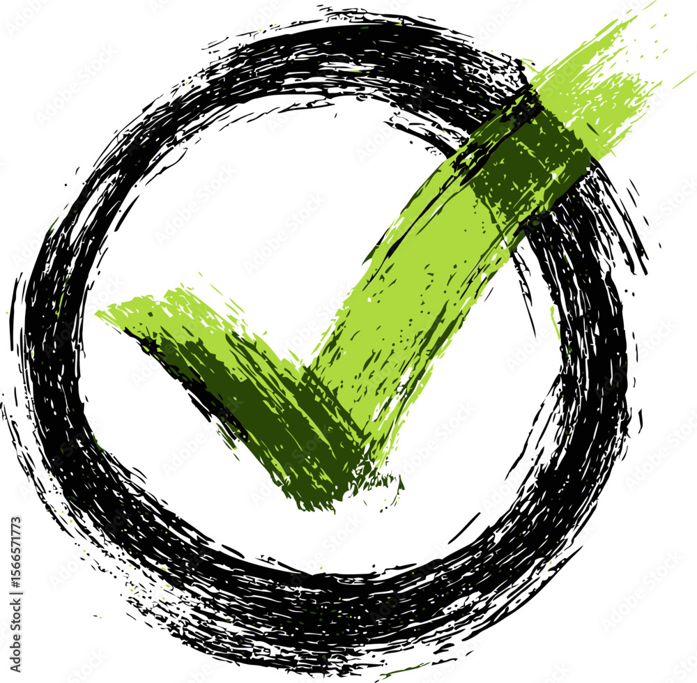 Poster grunge style green check mark with black circular brushstroke
