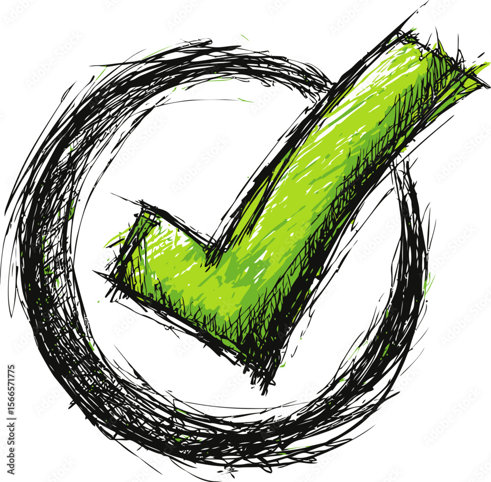 Poster sketchy green check mark with black circle in rough artistic style