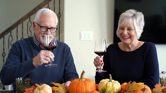 Elderly couple enjoying thanksgiving day with wine toast surrounded by pumpkins and autumn decor. concept of festive celebration, togetherness, holiday joy - Powered by Adobe