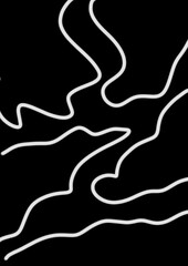 Abstract white line art on black background depicting fluid shapes  