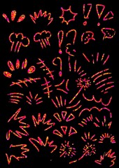 Colorful hand-drawn symbols and signs on a black background  