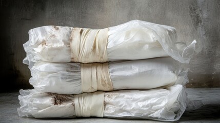 Stacked White Fabrics Wrapped in Plastic on a Textured Surface