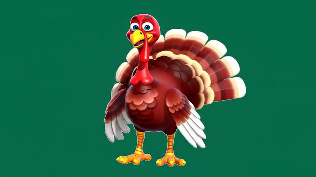 Cartoon thanksgiving turkey with colorful feathers dancing on green background. concept of thanksgiving holiday, festive bird, joyful celebration Animation