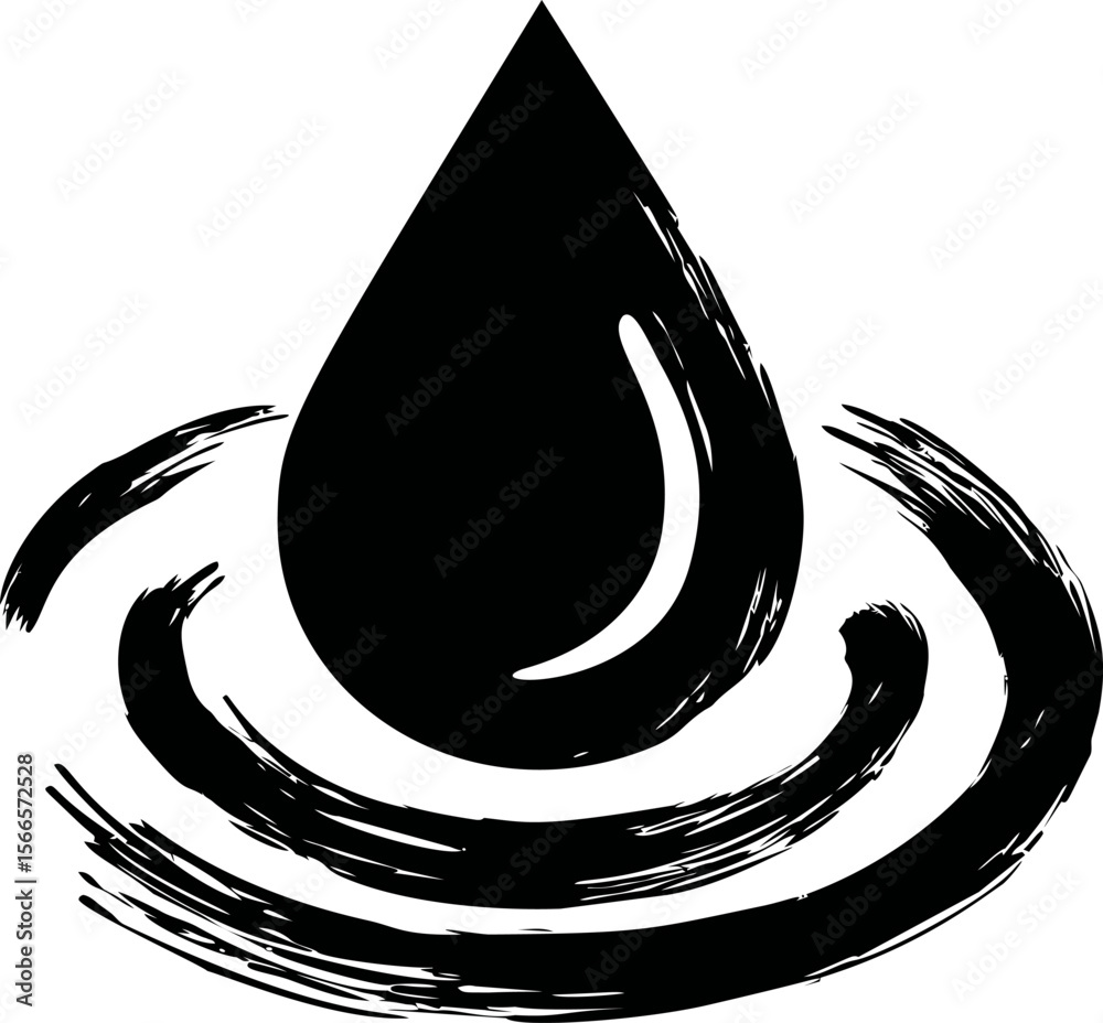Poster black ink drop with brushstroke waves in minimalist vector style illustration